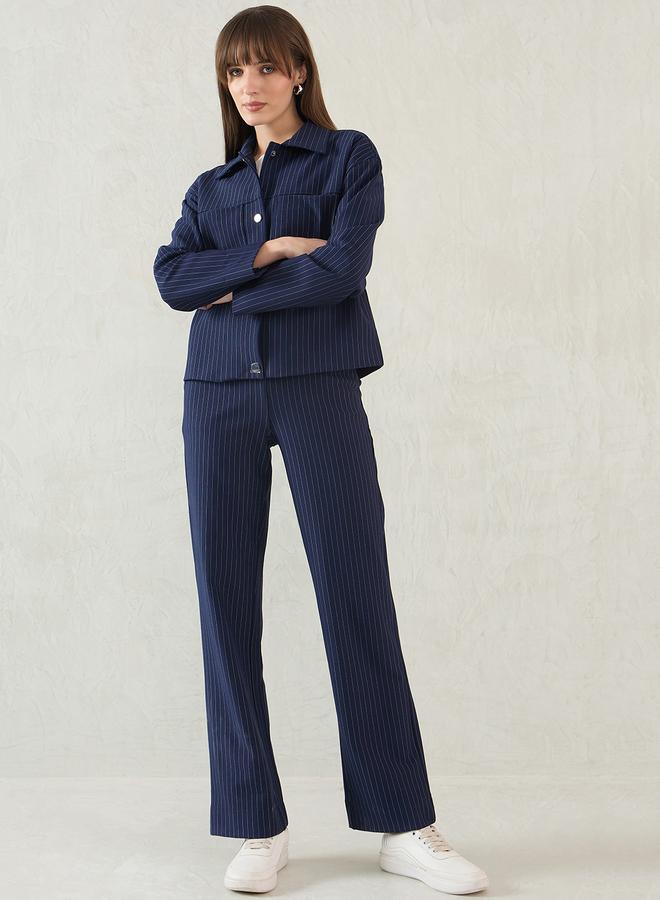 Femmella Women Navy Blue Striped Jacket - Image 1