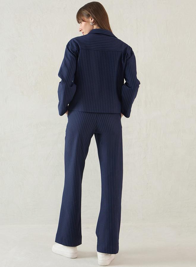 Femmella Women Navy Blue Striped Jacket - Image 3