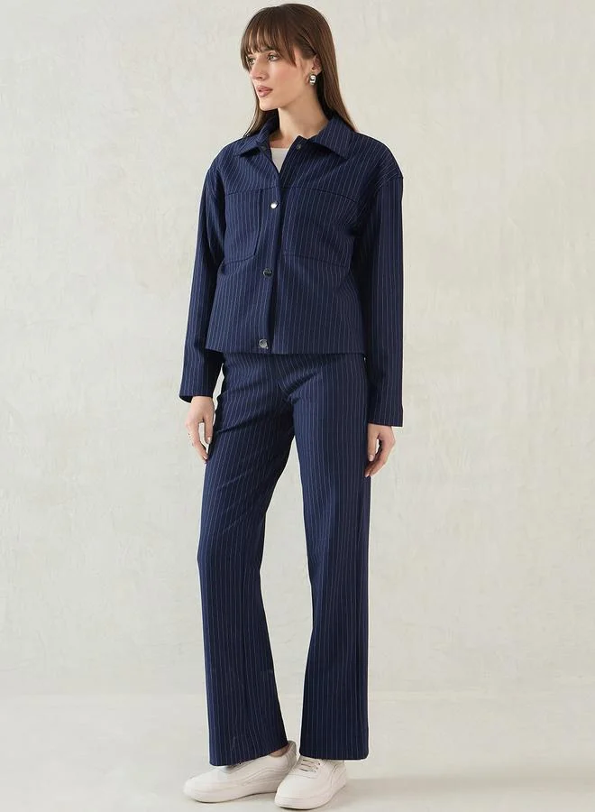 Femmella Women Navy Blue Striped Jacket
