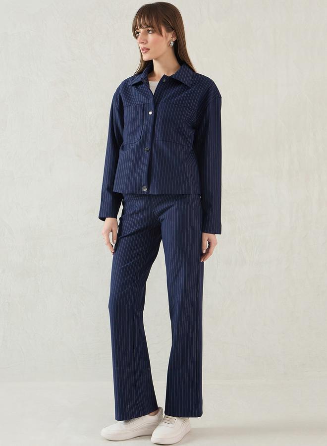 Femmella Women Navy Blue Striped Jacket - Image 2