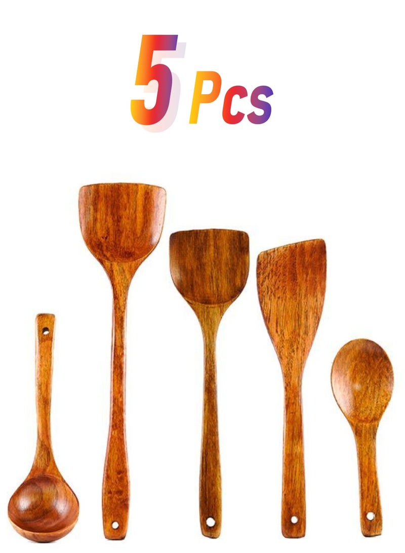 5-Piece Wooden Cooking Ladle Set Brown Rice Spoon 21.5x7, Frying Spatula 2x 39x9.5, 1x 33x8, Soup 25x7.5centimeter - Image 1