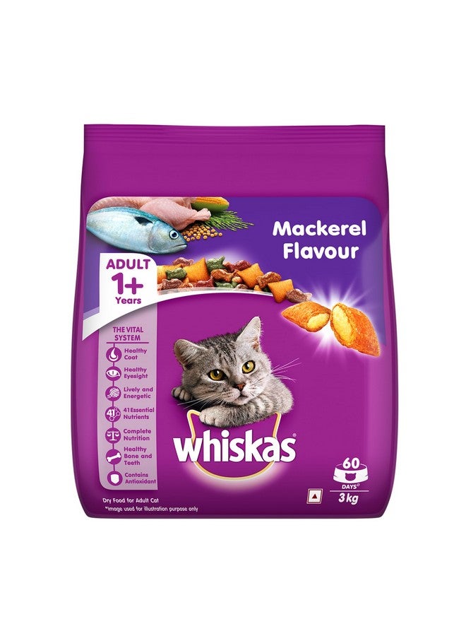 Whiskas Adult (1+ Years) Dry Cat Food, Mackerel Flavour, 3 kg, Contains 41 Essential Nutrients, Complete & Balanced Nutrition for Adult Cats