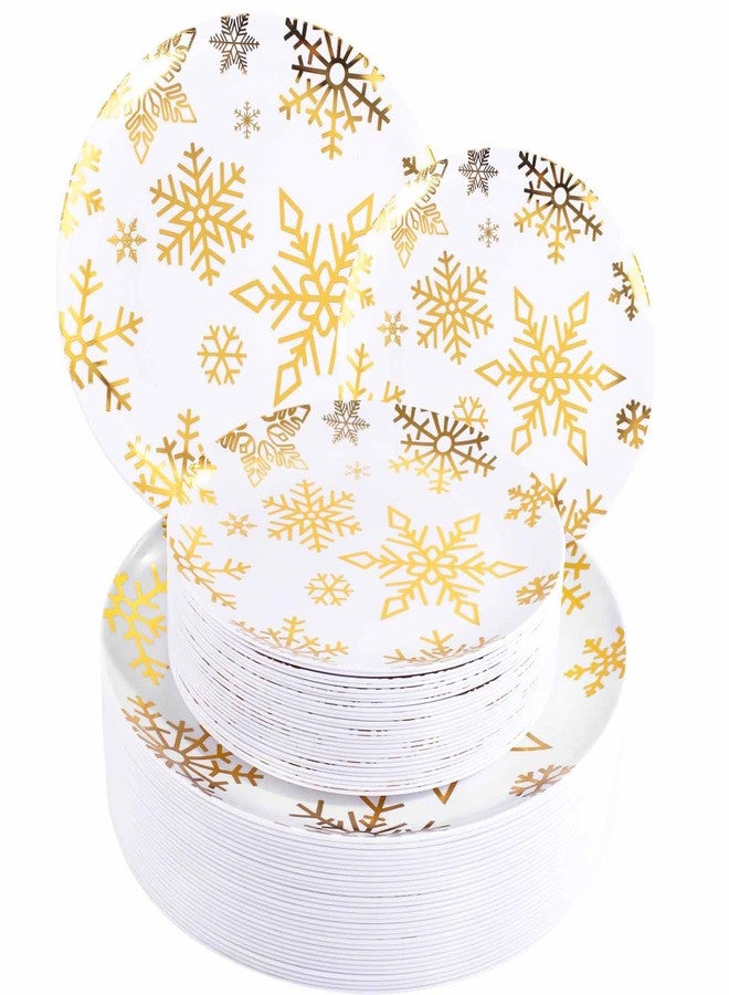 WDF 50 Pieces Plastic Christmas Plates - White and Gold Plates with Snowflake include 25 Dinner Plates, 25 Salad Plates - Disposable Gold Plastic Plates for Christmas Party, Winter - Image 1
