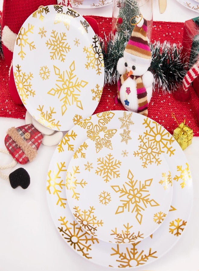 WDF 50 Pieces Plastic Christmas Plates - White and Gold Plates with Snowflake include 25 Dinner Plates, 25 Salad Plates - Disposable Gold Plastic Plates for Christmas Party, Winter - Image 2