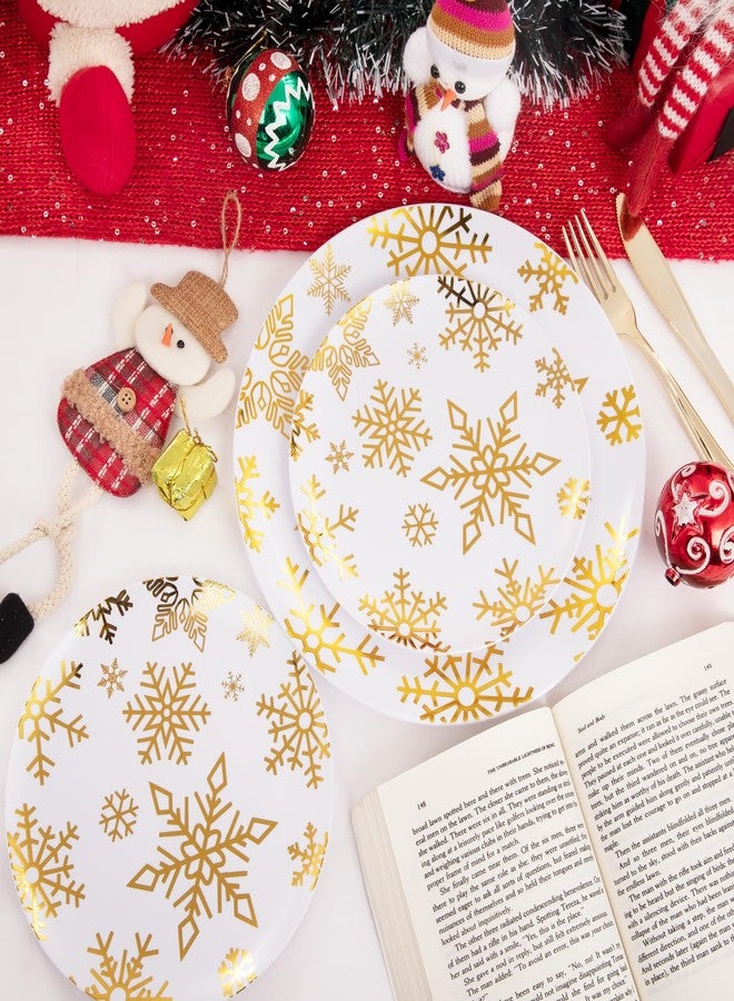 WDF 50 Pieces Plastic Christmas Plates - White and Gold Plates with Snowflake include 25 Dinner Plates, 25 Salad Plates - Disposable Gold Plastic Plates for Christmas Party, Winter - Image 5