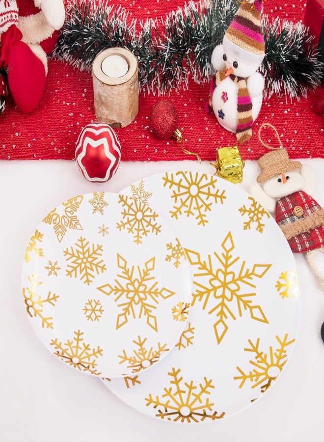 WDF 50 Pieces Plastic Christmas Plates - White and Gold Plates with Snowflake include 25 Dinner Plates, 25 Salad Plates - Disposable Gold Plastic Plates for Christmas Party, Winter - Image 4