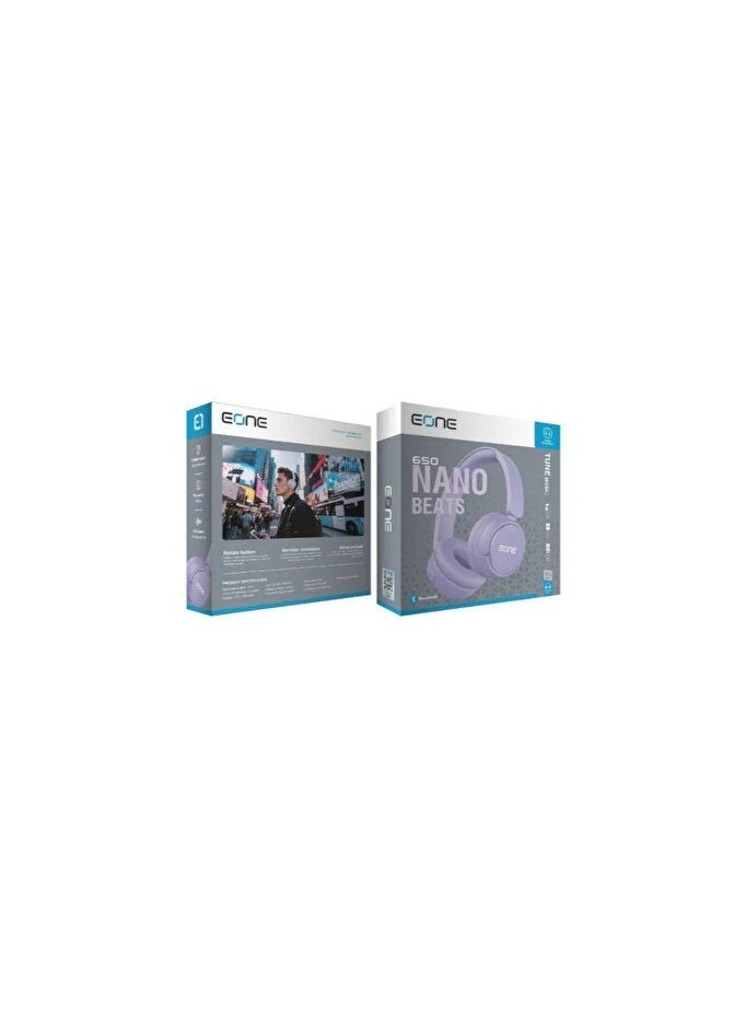 إيون سماعات رأس لاسلكية EONE Nano Beats 650 بتقنية بلوتوث 5.3، تشغيل حتى 30 ساعة، محركات صوت HD بحجم 40 مم، بيس عميق، ميكروفون مدمج، تصميم مريح فوق الأذن لون بنفسجي - Image 3