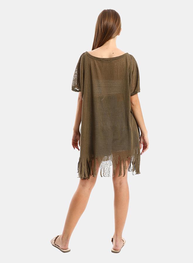 kady Jamila women solid pattern cover up with decorated fringeswomen ,olive-3xl-4xl - Image 3