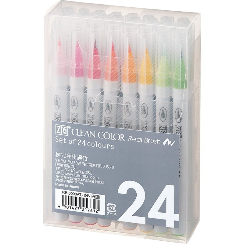 Kuretake ZIG Clean Color Real Brush Marker, 24 Colors with Flexible Brush Tips, Watercolor Pens for Painting, Drawing, Calligraphy and Brush Lettering for Artists and Beginner Painters, Made in Japan - Image 1