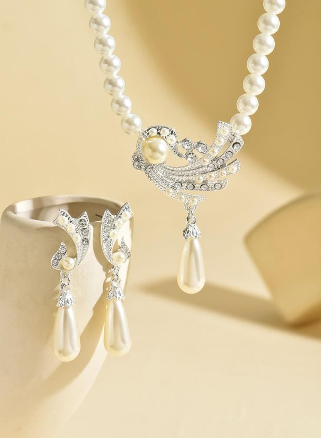 Take Two Embellished Faux Pearl Pendant Necklace and Earrings Jewelry Set - Image 5