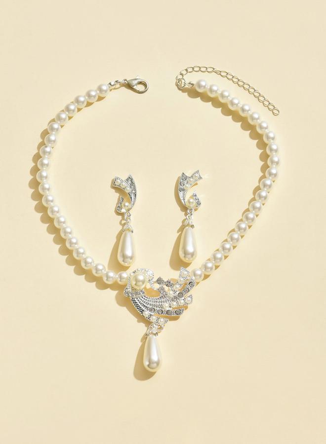 Take Two Embellished Faux Pearl Pendant Necklace and Earrings Jewelry Set - Image 4
