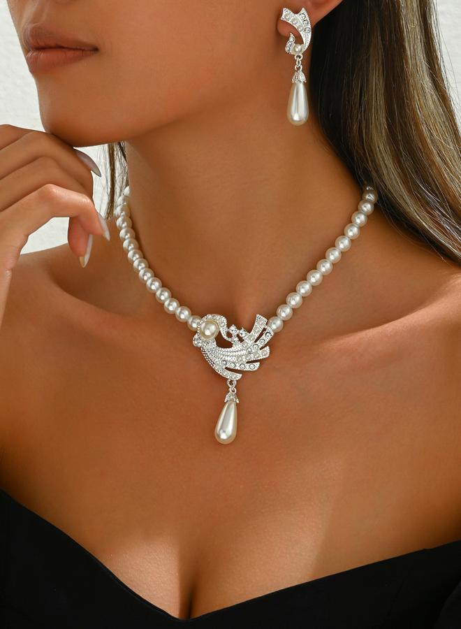 Take Two Embellished Faux Pearl Pendant Necklace and Earrings Jewelry Set - Image 2