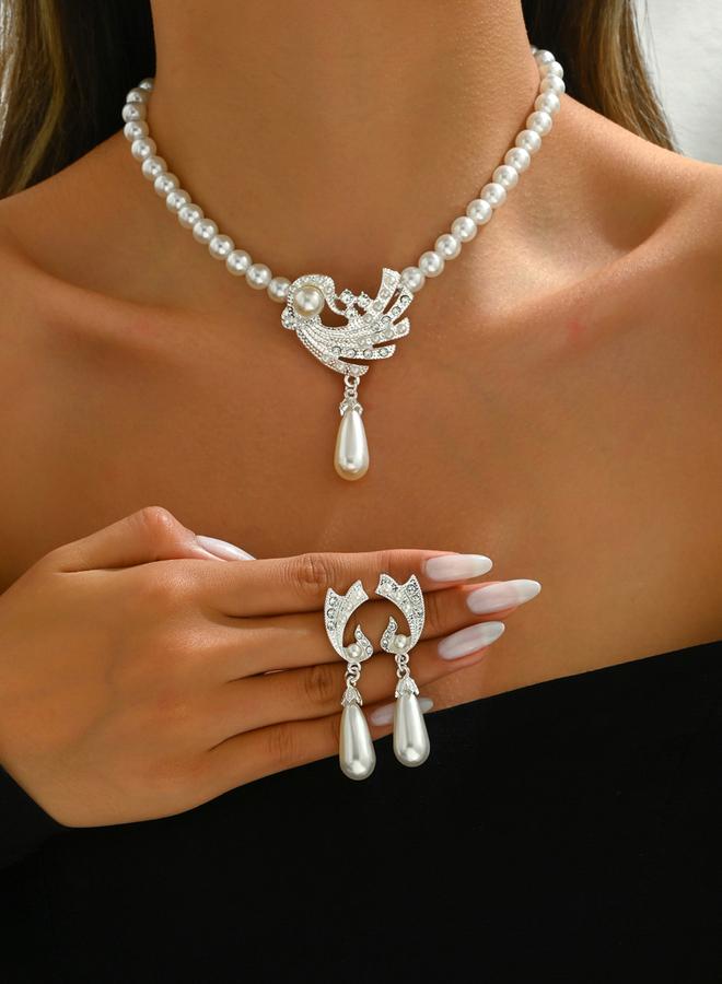 Take Two Embellished Faux Pearl Pendant Necklace and Earrings Jewelry Set - Image 1