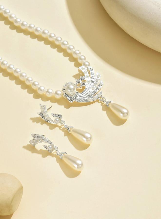 Take Two Embellished Faux Pearl Pendant Necklace and Earrings Jewelry Set - Image 3