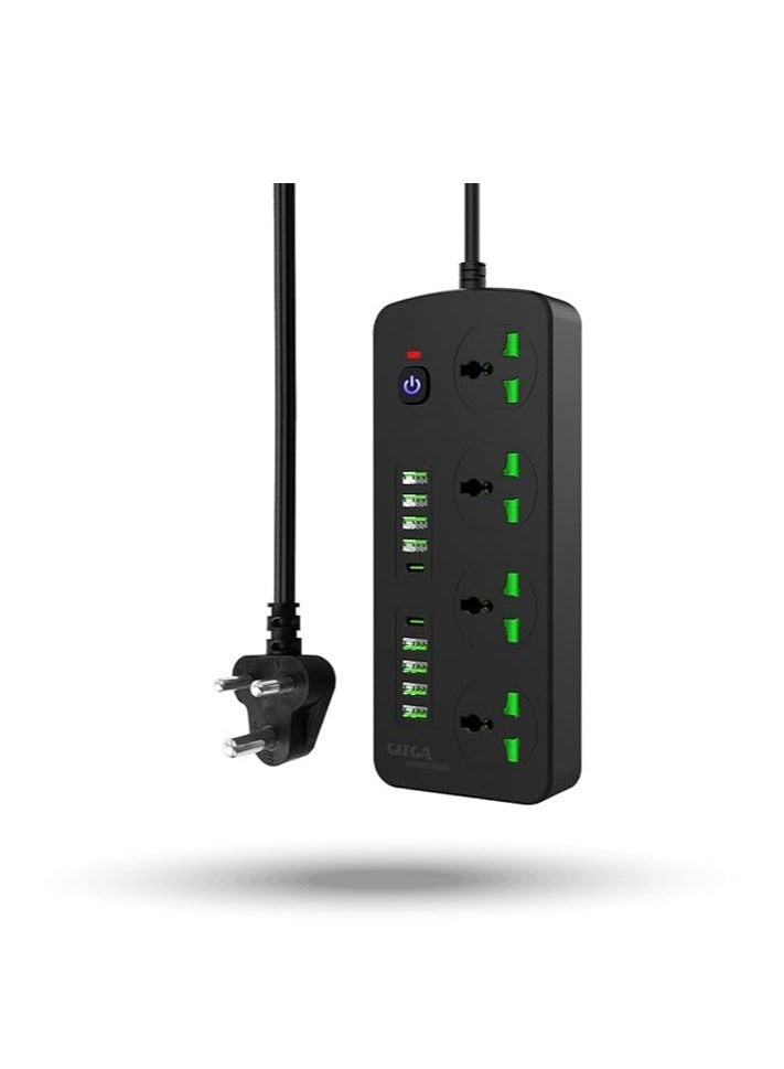 Gizga Essentials Power Extension Board 8 USB 4.2A Ports, 2 PD 20W Ports, 4 Universal Thermal Trip Electrical Multi Plug Sockets, Surge Protection, Spike Guard, 3000W 16A, Flame Proof, 2m Cord Length