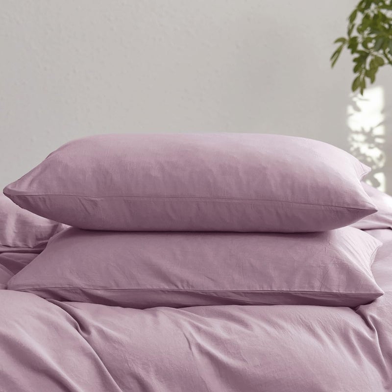 MooMee Bedding Pillowcases Pack of 2 100% Washed Cotton Linen Like Textured Breathable Durable Soft Comfy (Light Purple  Standard) - Image 1