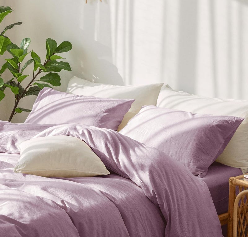 MooMee Bedding Pillowcases Pack of 2 100% Washed Cotton Linen Like Textured Breathable Durable Soft Comfy (Light Purple  Standard) - Image 5