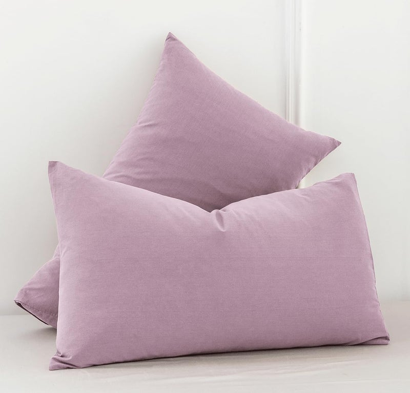 MooMee Bedding Pillowcases Pack of 2 100% Washed Cotton Linen Like Textured Breathable Durable Soft Comfy (Light Purple  Standard) - Image 3