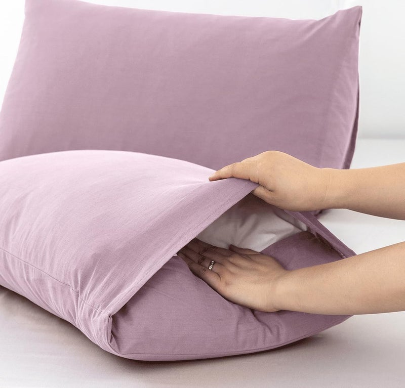 MooMee Bedding Pillowcases Pack of 2 100% Washed Cotton Linen Like Textured Breathable Durable Soft Comfy (Light Purple  Standard) - Image 4
