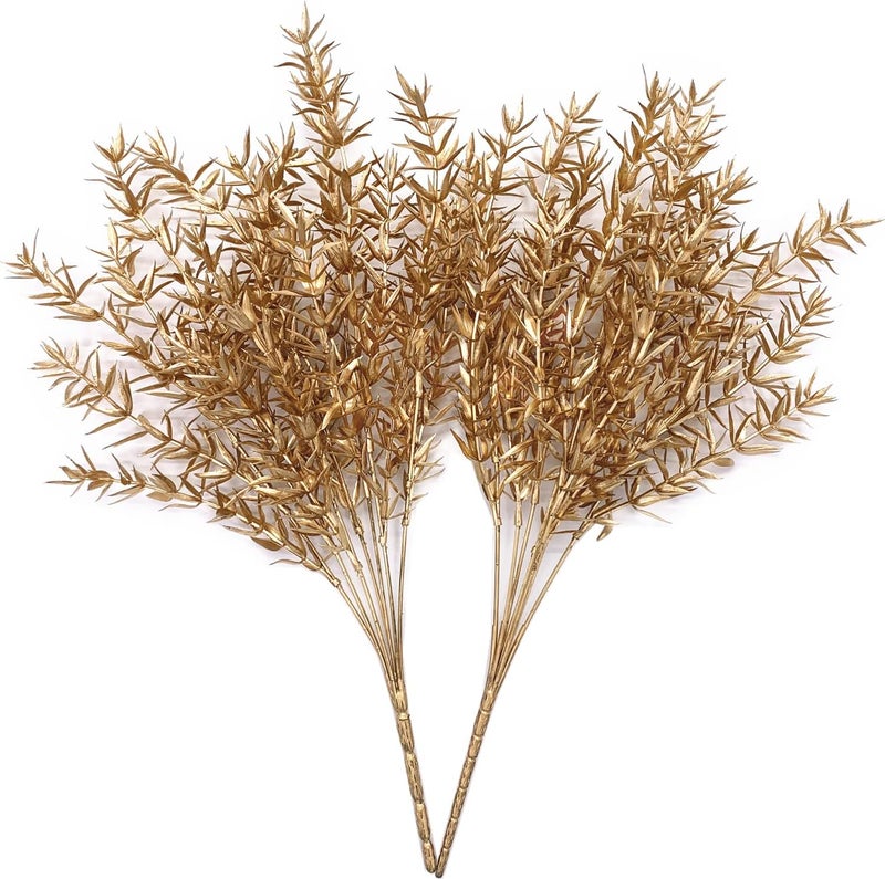 LOVENIMEN Artificial Plants for Christmas, Fake Golden Spiky Leaf Grass Plant Flowers Fern Plant Bushes Faux Shrubs Indoor Outside Hanging Planter Home Garden Decor Festival Decoration - Gold 2 Pcs - Image 1