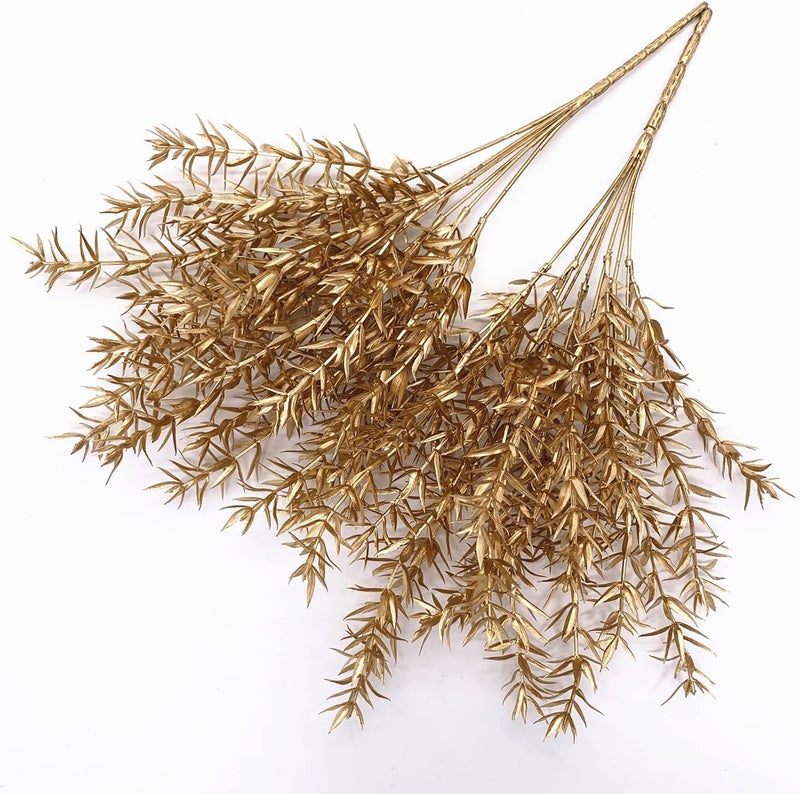 LOVENIMEN Artificial Plants for Christmas, Fake Golden Spiky Leaf Grass Plant Flowers Fern Plant Bushes Faux Shrubs Indoor Outside Hanging Planter Home Garden Decor Festival Decoration - Gold 2 Pcs - Image 4
