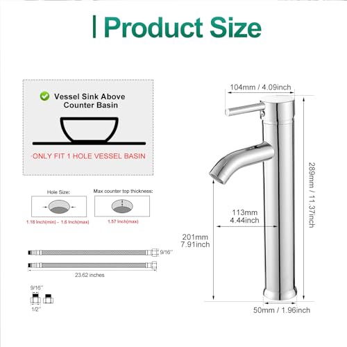 VOTON Bathroom Vessel Sink Faucet Modern Basin Mixer Tap Chrome Tall body Single Handle One Hole Lavatory Faucet - Image 4