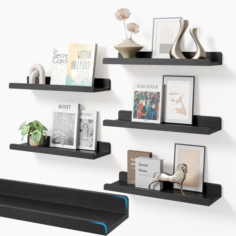 YUFLINX 16â€™â€™Black Floating Shelves for Wall Set of 6,Rustic Wood Shelf for Room Decor/Storage/Display,Small Bookshelf,Wall Mounted Hanging Shelves for Bedroom, Bathroom, Living Room, Kitchen - Image 1
