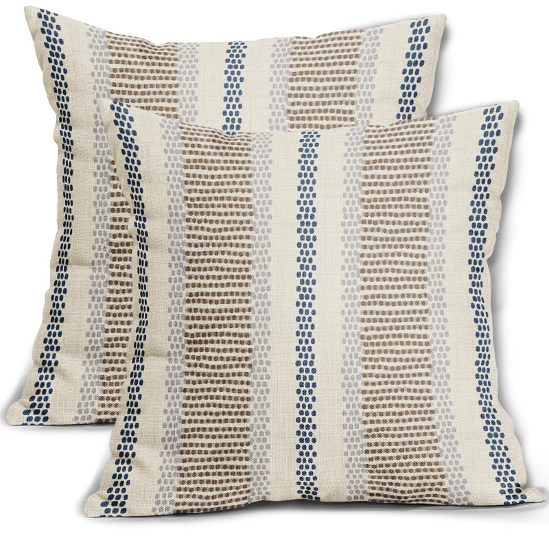 Aytipun Brown Blue Pillow Covers 18x18 Set of 2 Gray Grey Dot Print Striped Decorative Outdoor Pillowcases Boho Rustic Farmhouse Decorative Throw Cushion Case Decor for Couch Sofa Bed - Image 1