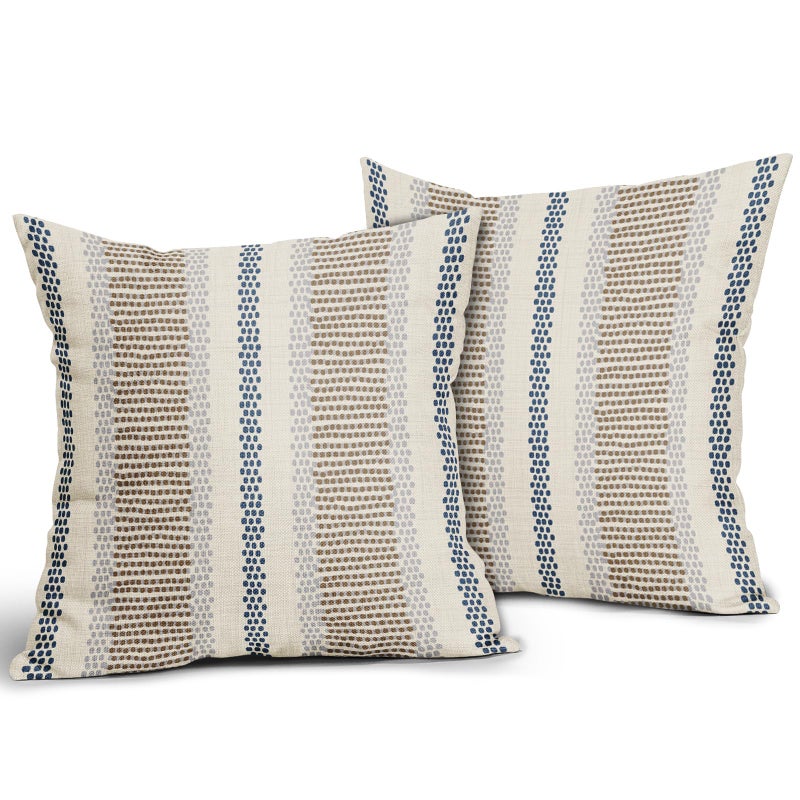 Aytipun Brown Blue Pillow Covers 18x18 Set of 2 Gray Grey Dot Print Striped Decorative Outdoor Pillowcases Boho Rustic Farmhouse Decorative Throw Cushion Case Decor for Couch Sofa Bed - Image 2