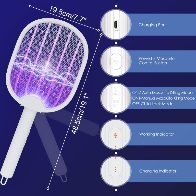 Awroutdoor Electronic Fly Swatter, 2-in-1 3000 V Electric Mosquito Fly Catcher with Charging Base, USB Rechargeable Mosquito Bug Zapper Bat for Mosquitoes, Flies, Bees, Moths - Image 4