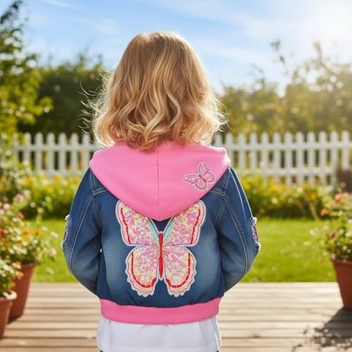Peacolate 3-10Years Little Big Girls Pink Hoodie Butterfly Denim Jacket(8-9Years) - Image 2
