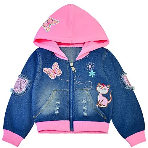 Peacolate 3-10Years Little Big Girls Pink Hoodie Butterfly Denim Jacket(8-9Years) - Image 4