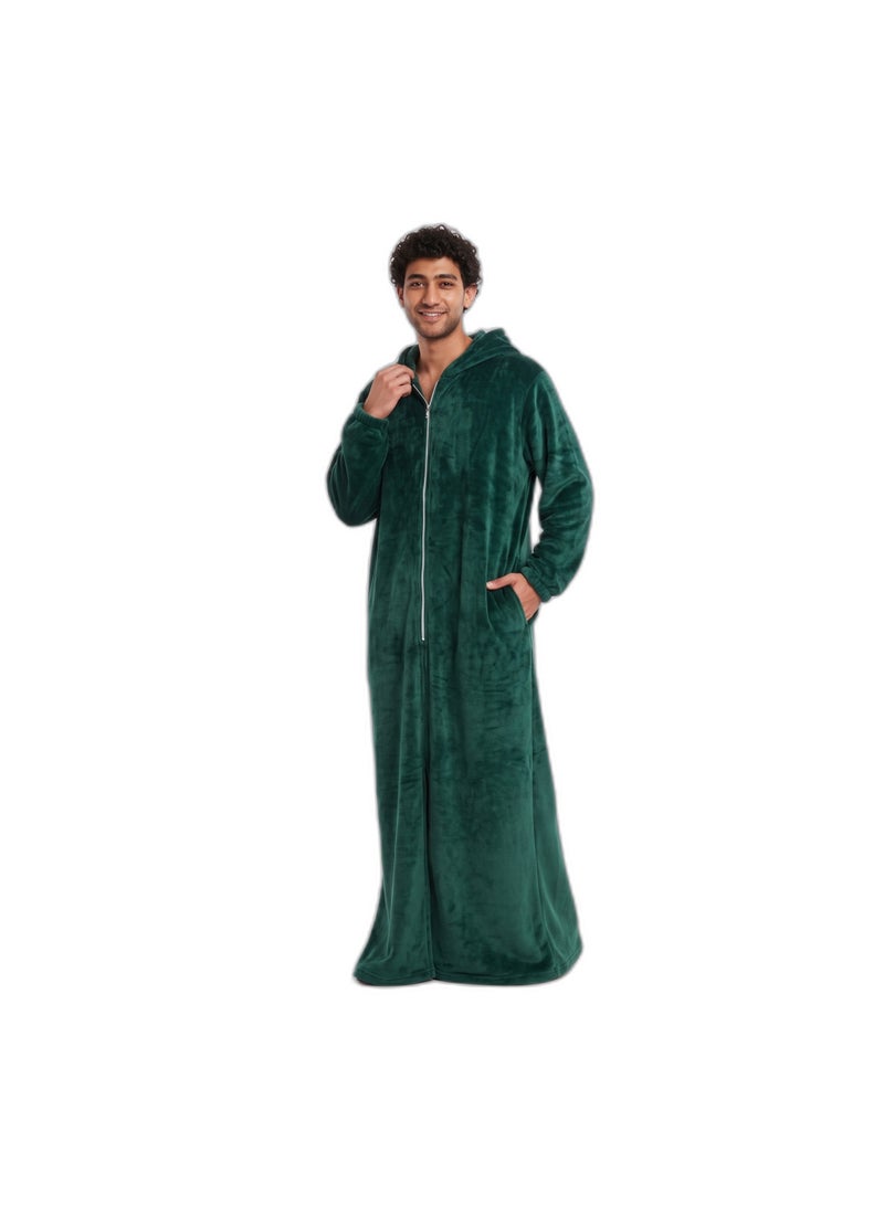 Men's Long Hooded Fleece Robe - Full Zip Plush Lounge Robe with Side Pockets and Elastic Cuffs - Olive