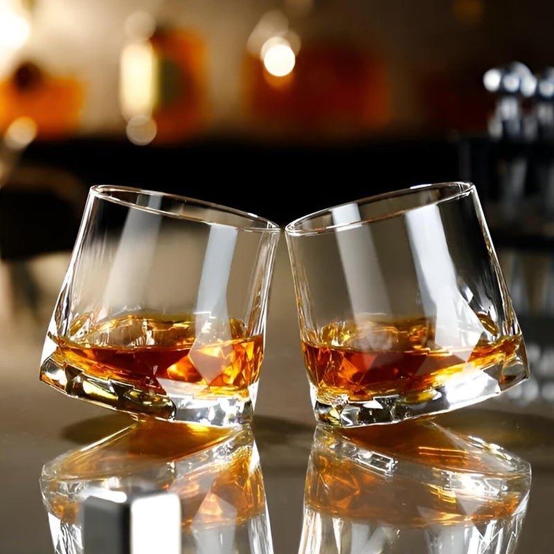Melbify DiamondCut Rotating Whiskey Glasses 300 ML Set of 2 Premium Crystal Glass Spinner Perfect for Whiskey ScotchBournbonRum and Cognac - Image 2