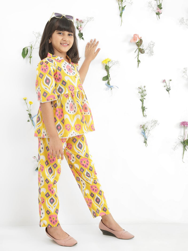 Globus Girls Mustard Ikat Print Cotton Mandarin Collar Tunic & Trousers Co-Ord Set - Image 2