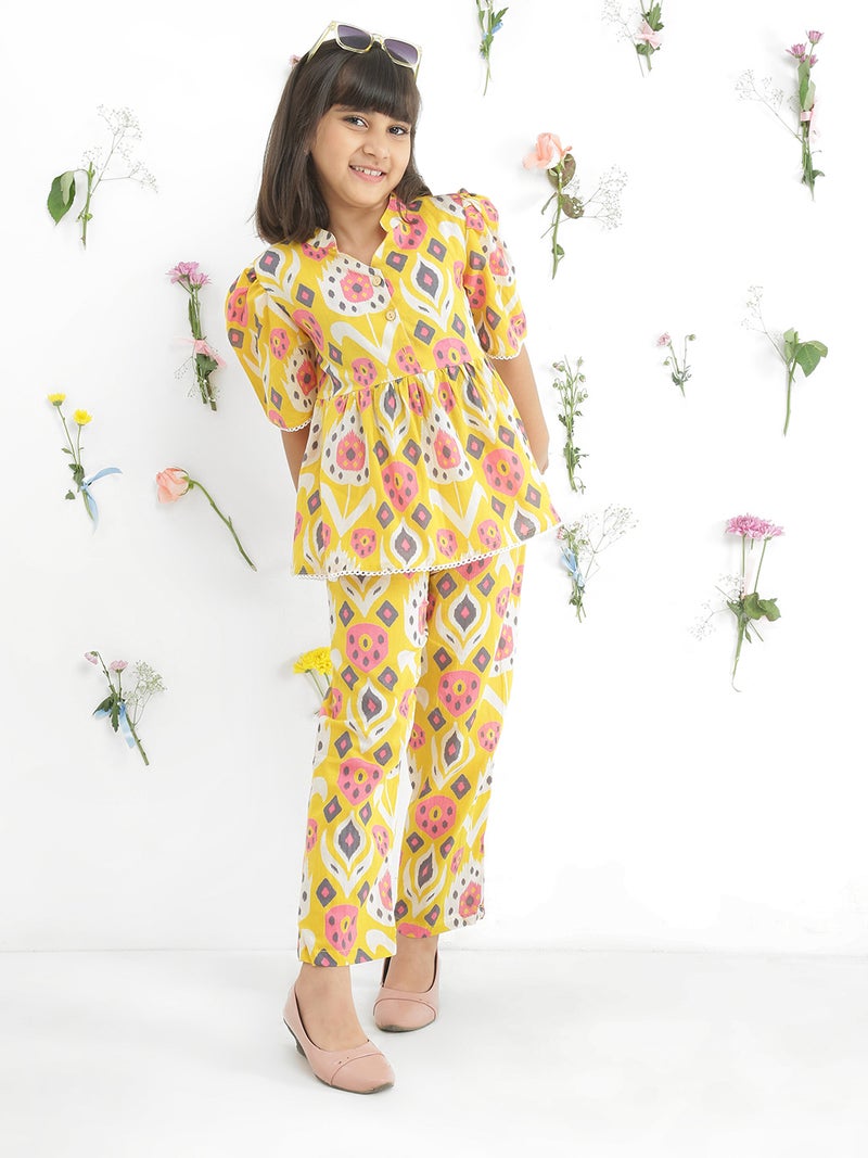 Globus Girls Mustard Ikat Print Cotton Mandarin Collar Tunic & Trousers Co-Ord Set - Image 1