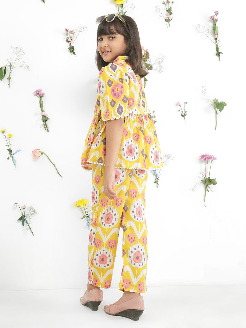 Globus Girls Mustard Ikat Print Cotton Mandarin Collar Tunic & Trousers Co-Ord Set - Image 3