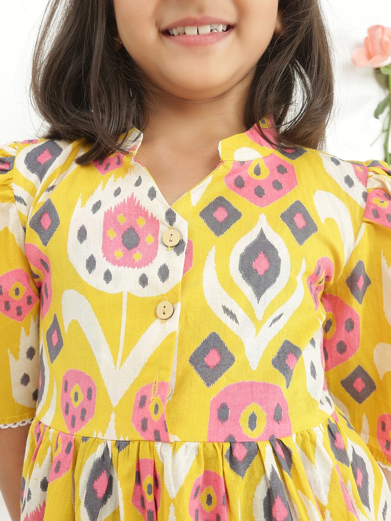 Globus Girls Mustard Ikat Print Cotton Mandarin Collar Tunic & Trousers Co-Ord Set - Image 4