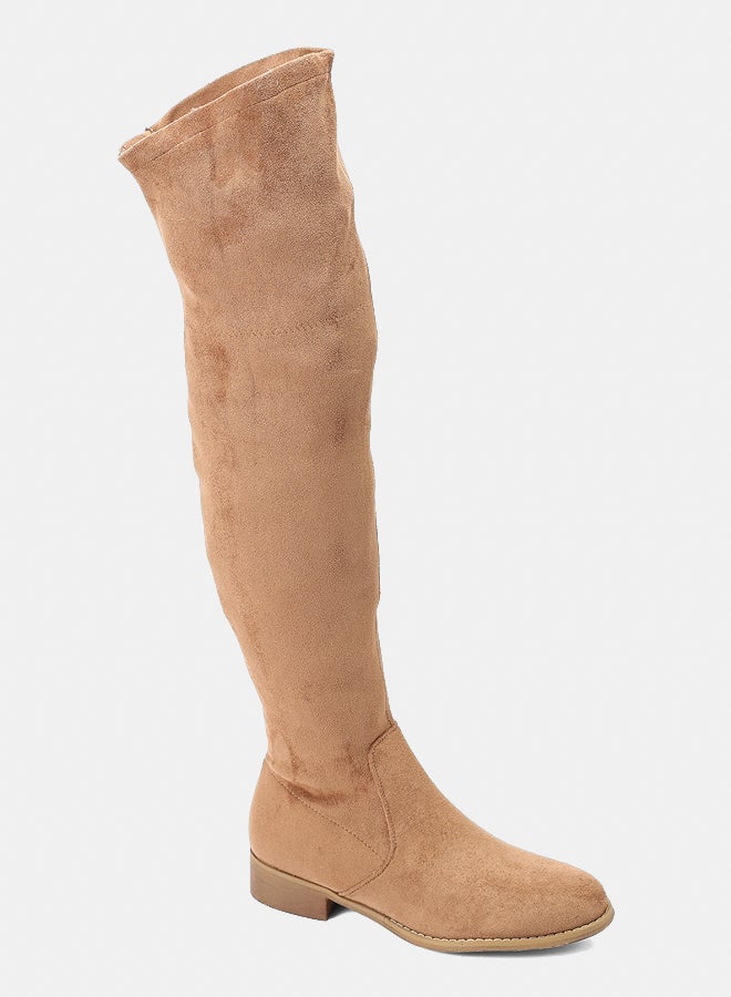 Dejavu Shoes GER-DVTX-029 Over The Knee Suede Beige Plain Boot  For Women - Image 1