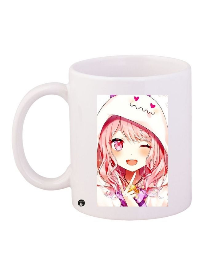 RYN Anime Girl Printed Coffee Mug White/Beige/Pink 11ounce