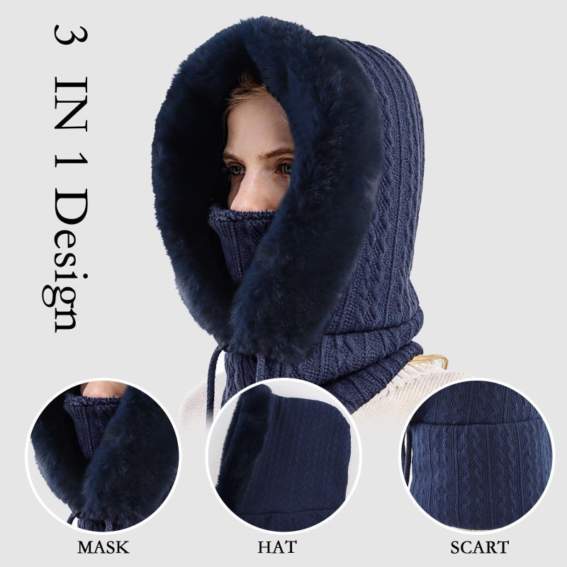 OMUKY Balaclava Hats for Women Cold Weather Thick Fluff Hats Adult Neck Face Cover Cap Ski Mask Neck Warmer(Navy) - Image 2