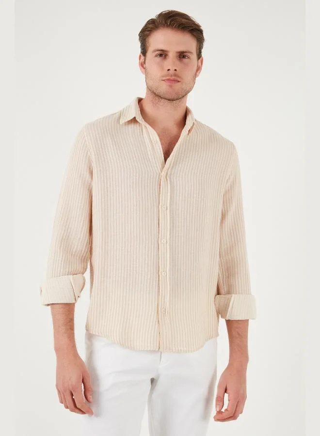 بوراتي قميص رجالي قطني مخطط بأكمام طويلة بقصة عادية من بوراتي