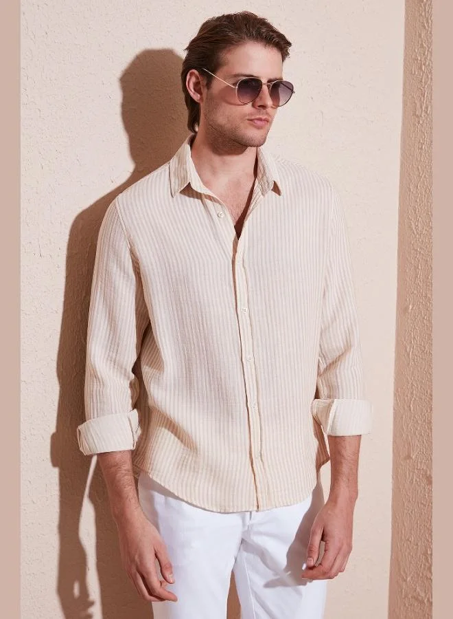 بوراتي قميص رجالي قطني مخطط بأكمام طويلة بقصة عادية من بوراتي