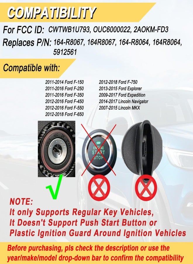 Vurkcy Key Fob Replacement for 2011-2014 Ford F150/ 11-16 F250 F350/ 09-17 Expedition/ 13-15 Explorer/ 07-15 Lincoln MKX/ 14-17 Navigator Car Keyless Entry Remote Start Control,CWTWB1U793, 4 Btn, 2Pcs - Image 2