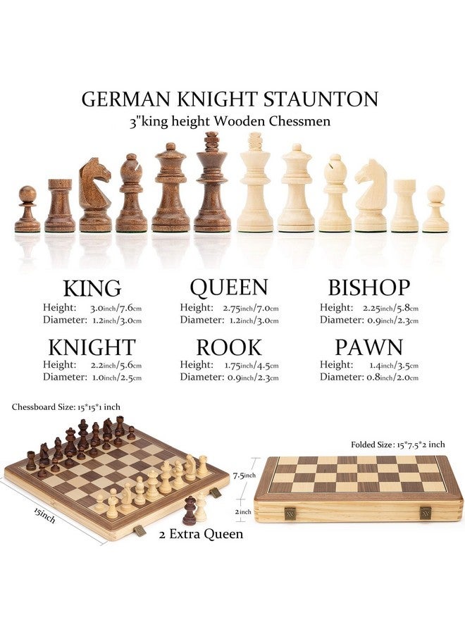 A&A 15 inch Foldable Wooden Magnetic Chess Set w/ 3 inch King Height Staunton Chess Pieces - Pine Box w/Walnut & Maple Inlay - Image 4