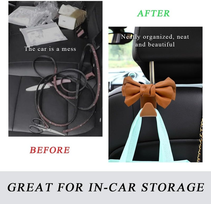 KASTWAVE 2 PCS Leather Car Seat Headrest Hooks, Cute Bow Shaped Backseat Organizer Hooks for Purses, Bags, Coats, Umbrellas, Sturdy Car Headrest Hangers Car (Brown) - Image 3