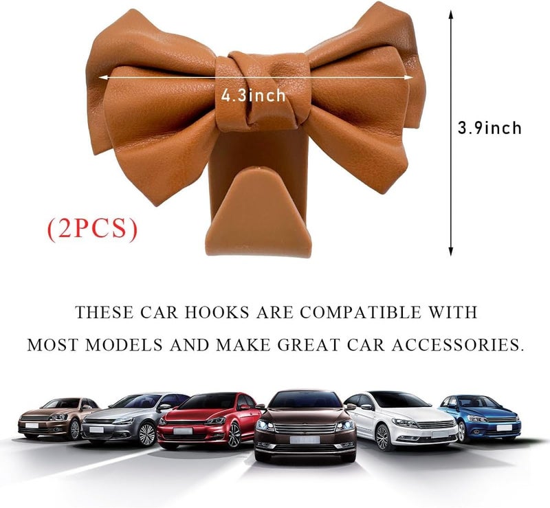 KASTWAVE 2 PCS Leather Car Seat Headrest Hooks, Cute Bow Shaped Backseat Organizer Hooks for Purses, Bags, Coats, Umbrellas, Sturdy Car Headrest Hangers Car (Brown) - Image 2