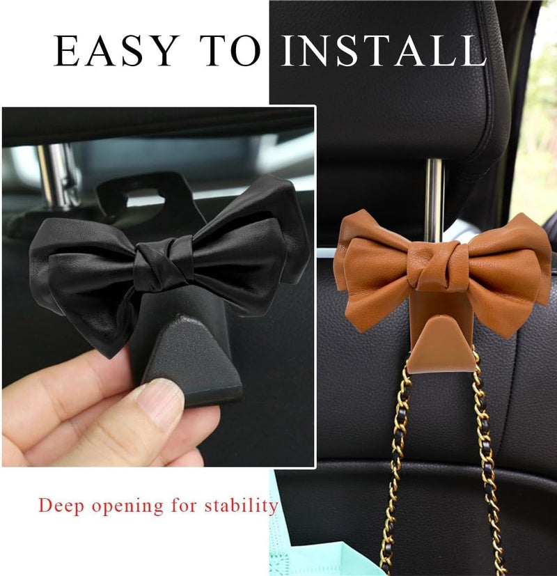 KASTWAVE 2 PCS Leather Car Seat Headrest Hooks, Cute Bow Shaped Backseat Organizer Hooks for Purses, Bags, Coats, Umbrellas, Sturdy Car Headrest Hangers Car (Brown) - Image 5