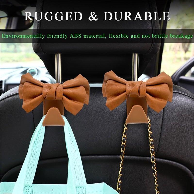 KASTWAVE 2 PCS Leather Car Seat Headrest Hooks, Cute Bow Shaped Backseat Organizer Hooks for Purses, Bags, Coats, Umbrellas, Sturdy Car Headrest Hangers Car (Brown) - Image 4