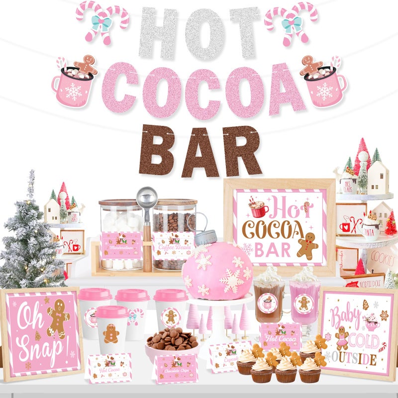 K KUMEED Hot Cocoa Bar Kit Pink Hot Cocoa Bar Banner Cute Gingerbread Man Sign Oh Snap Toppings Tent Cards Cup Tags Stickers for Winter Baby Shower Christmas Party Baby Its Cold Outside Decorations - Image 3
